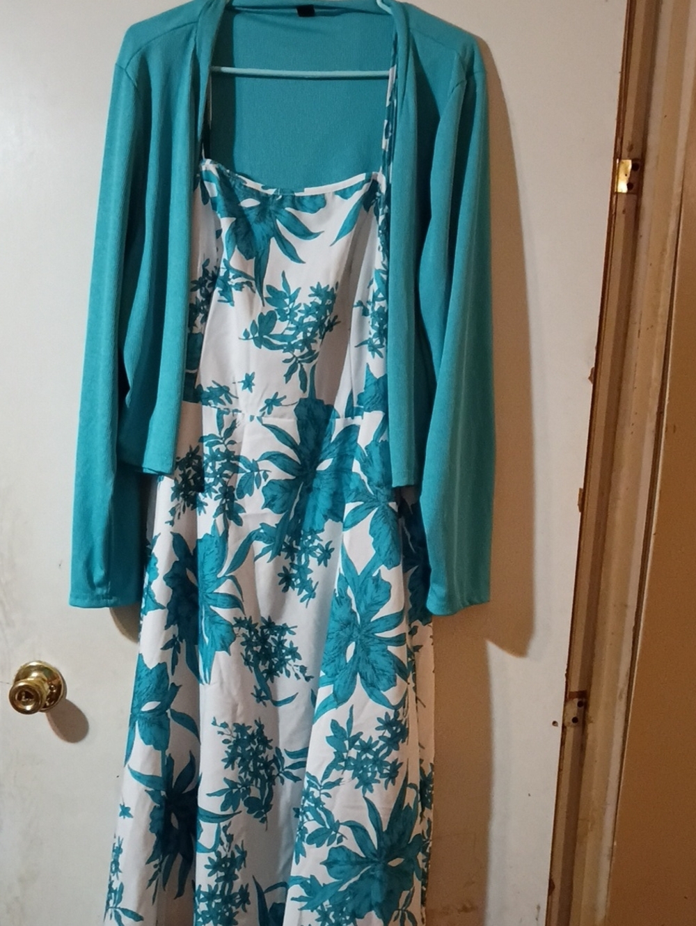 SHEIN White Midi Dress with Teal Floral Print and Teal Cardigan